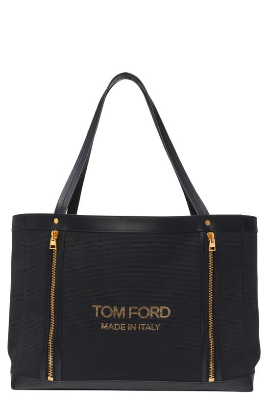 TOM FORD ZIP FRONT TEXTURED CANVAS & LEATHER TOTE