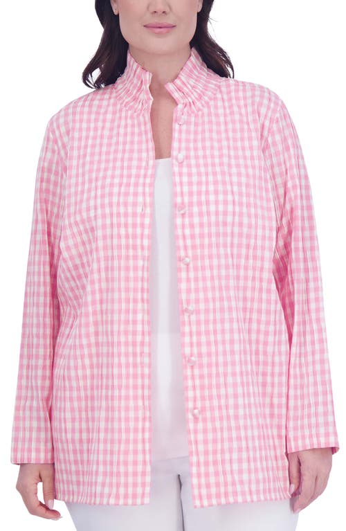 Foxcroft Carolina Gingham Crinkled Cotton Blend Button-Up Shirt Softshell Pink at Nordstrom,