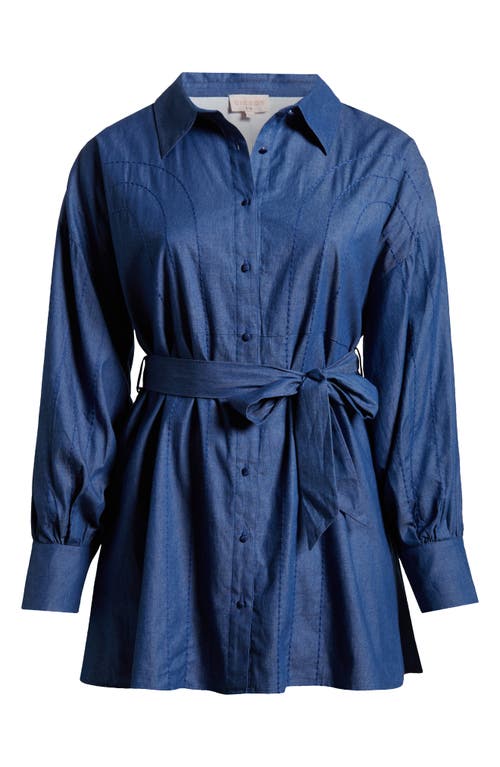 Shop Ciebon Belted Long Sleeve Cotton Chambray Shirtdress In Blue