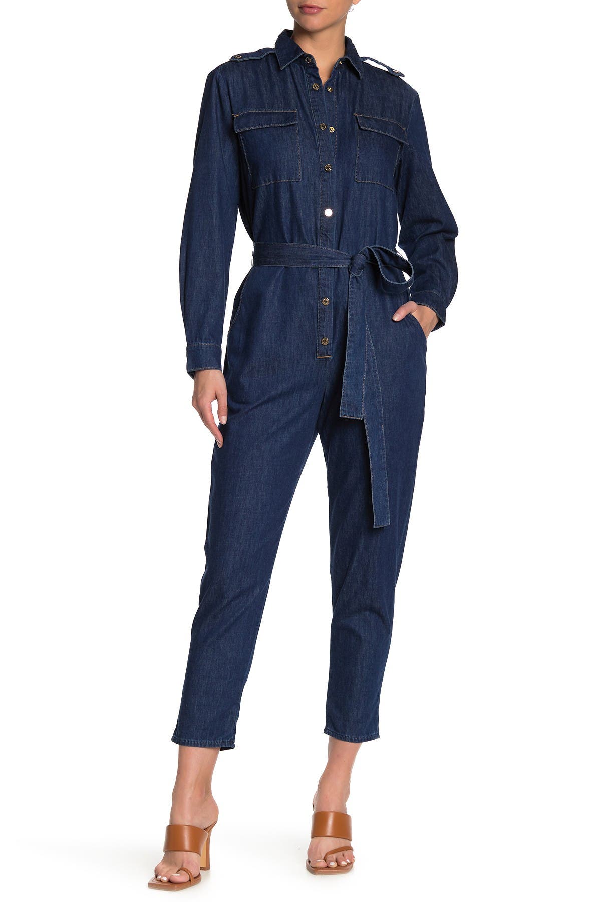 Image of 7 For All Mankind Front Button Waist Tie Denim Jumpsuit