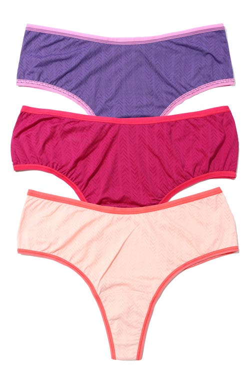 Hanky Panky Women's Move Calm Mid Rise Thong 3 Pack In Acai/sweet Nothing/summer Plum