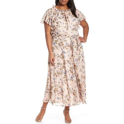 Plus Size Tahari Floral Print Swiss Dot Maxi Dress, Pink