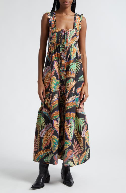 FARM Rio Cool Foliage Button Front Tie Back Maxi Dress Black at Nordstrom,