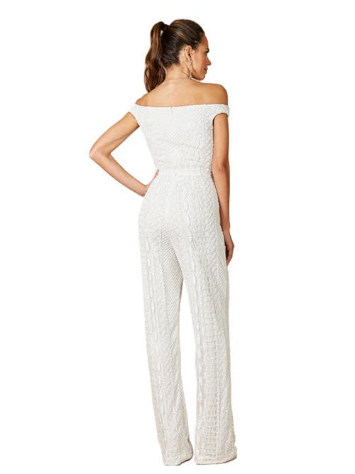 Shop Lara New York Gabby Beaded Off-the-shoulder Bridal Jumpsuit In Ivory