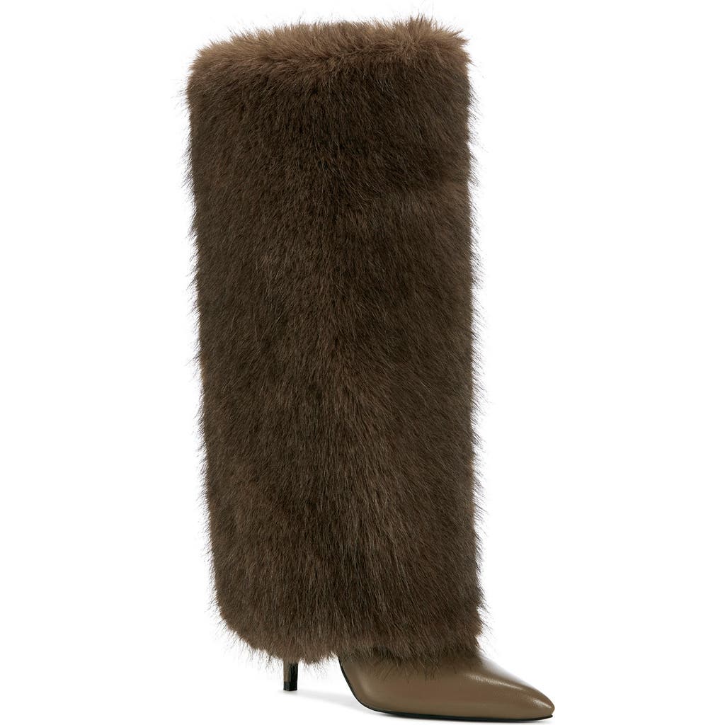 Azalea Wang Omera Faux Fur Over The Knee Boot In Dark Brown