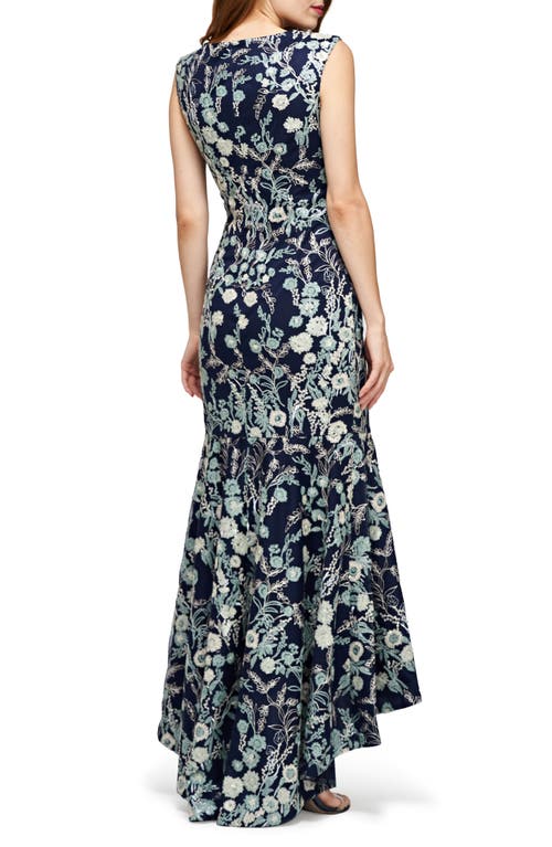 Shop Js Collections Rosaline Floral Embroidered High-low Gown In Navy/sage