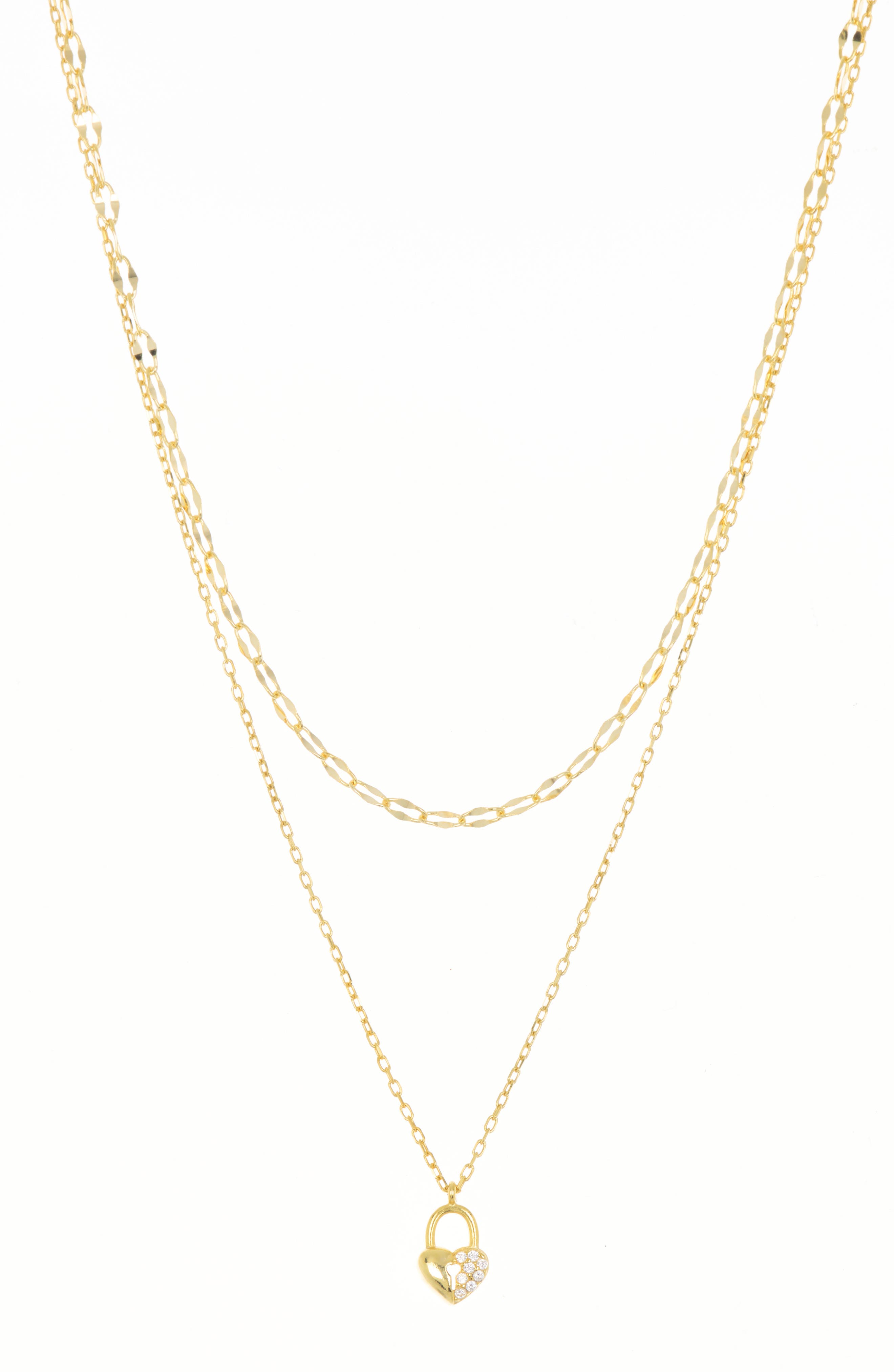 Argento Vivo 18k Yellow Gold Plated Pave Cz Lock Pendant Layered Chain Necklace