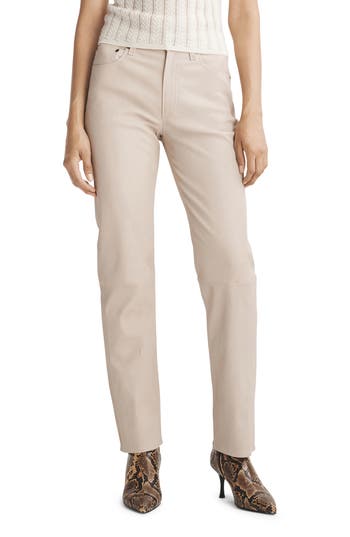 Rag & Bone Harlow Mid Rise Leather Straight Leg Pants In Stone