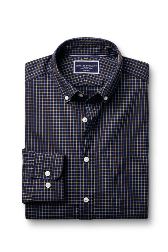 Charles Tyrwhitt Slim Fit Button-down Collar Non-iron Stretch Poplin Check Shirt In Gold