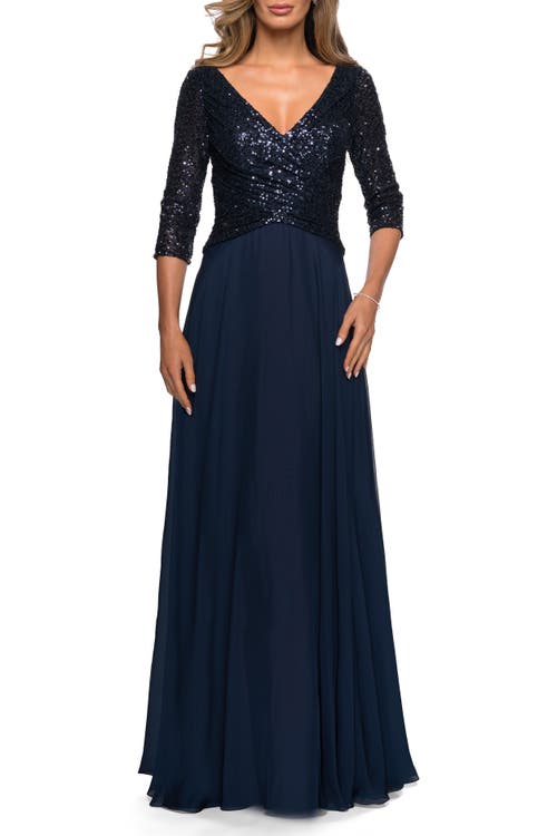 La Femme Long Chiffon Evening Gown With Sequined Bodice In Navy