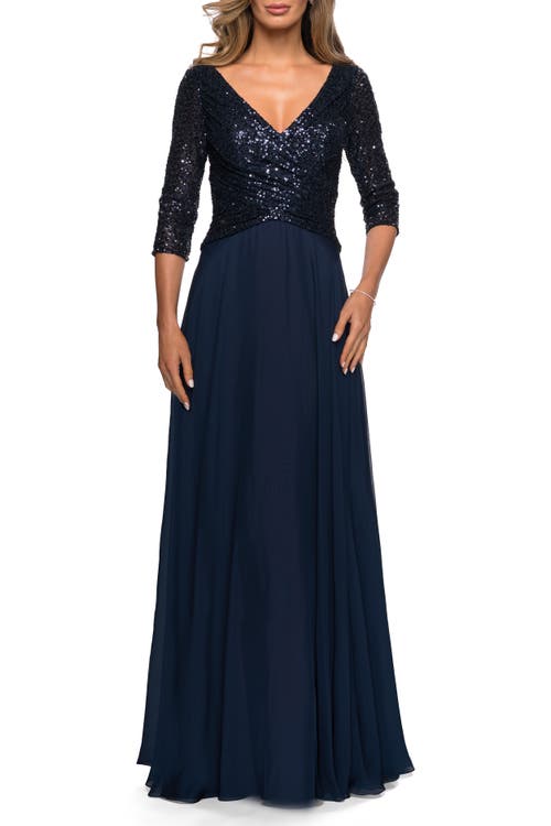 Shop La Femme Long Chiffon Evening Gown With Sequined Bodice In Navy