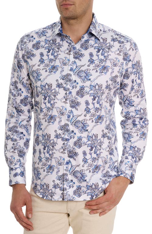 Robert Graham Sea Bloom Floral Stretch Cotton Button-Up Shirt Blue/White at Nordstrom,