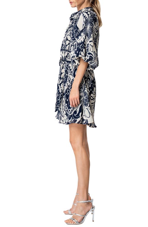 Shop Ciebon Anison Balloon Sleeve Plissé Chiffon Shirtdress In Navy Multi