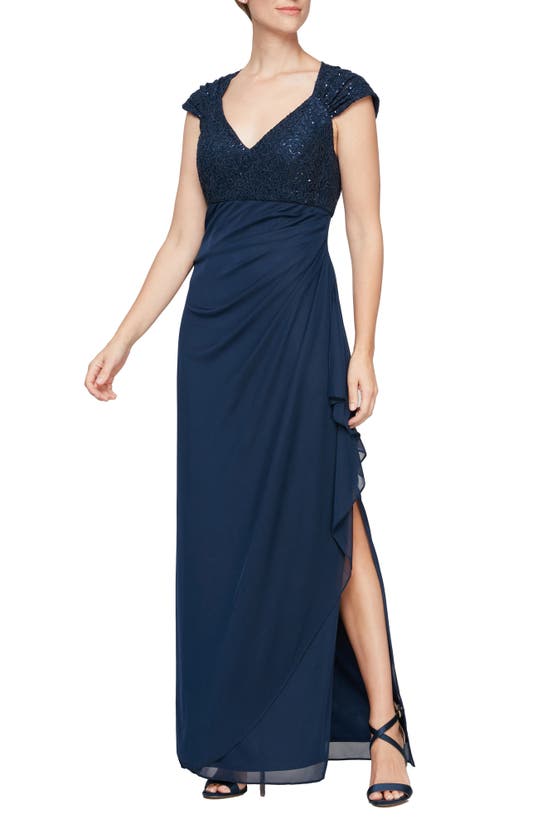 Alex Evenings Sequin Lace Bodice Empire Waist Gown In Navy