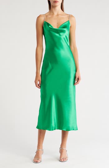 Shop Tash And Sophie Crystal Strap Cowl Neck Satin Dress In Kelly Green/silver