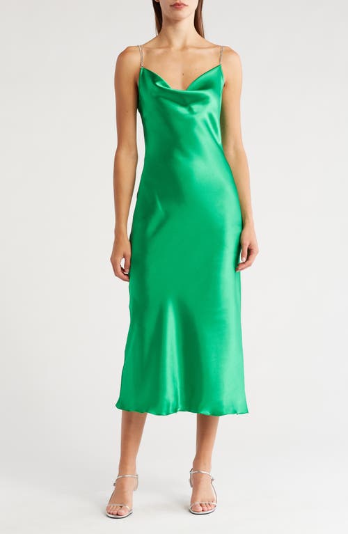 Shop Tash And Sophie Crystal Strap Cowl Neck Satin Dress In Kelly Green/silver