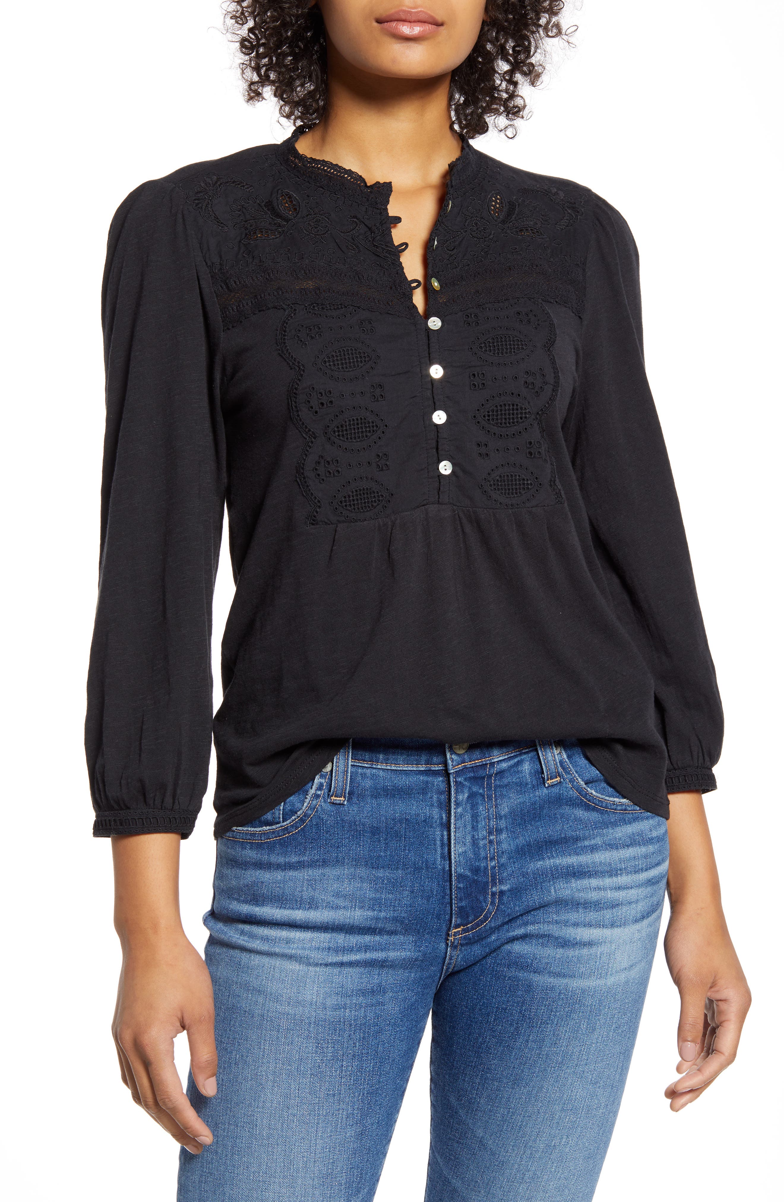 Lucky Brand Appliqué Bib Cotton Henley Top Nordstrom