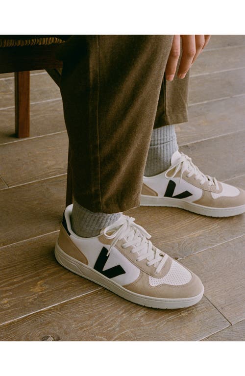 Veja V-10 Leather And Suede Low-top Sneakers In Sahara/extra-white/black
