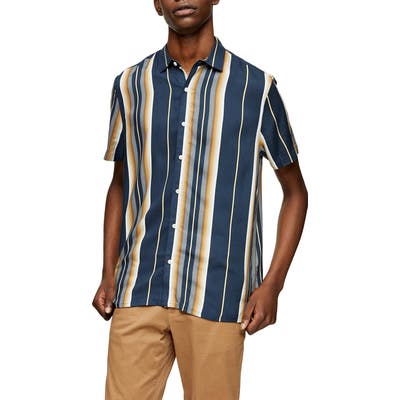 Topman Grad Stripe Short Sleeve Button-Up Shirt, Blue