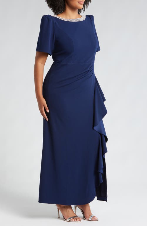 Shop Alex Evenings Embellished Ruffle Gown In Navy