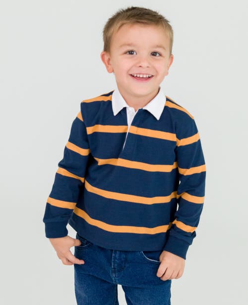 Shop Ruggedbutts Boys Long Sleeve Rugby Polo In Navy & Honey Wide Stripe