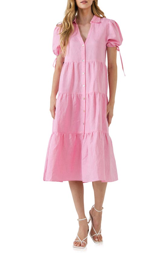 English Factory Puff Sleeve Linen Blend Midi Dress In Pink | ModeSens