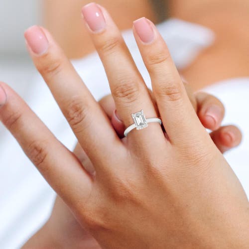 LUVMYJEWELRY LUVMYJEWELRY DELPHINE 14K WHITE GOLD EMERALD CUT LAB GROWN DIAMOND HIDDEN HALO ENGAGEMENT RING