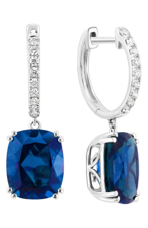14K White Gold Lab Created Diamond & Lab Created Sapphire Drop Huggie Hoop Earrings - 0.26ct.
