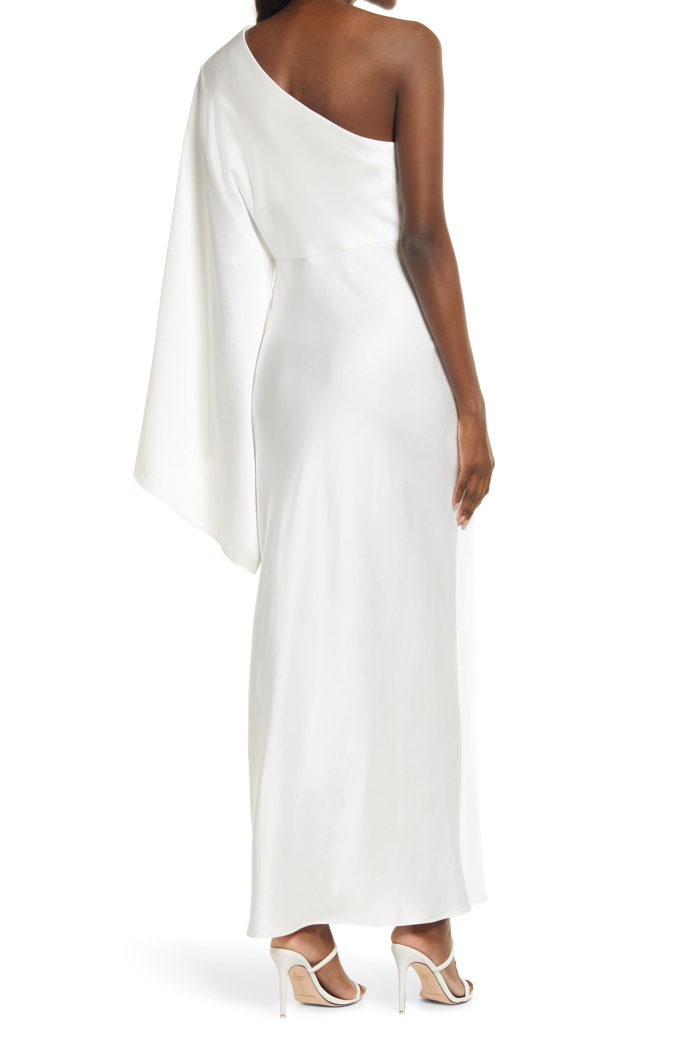 white one shoulder cape dress