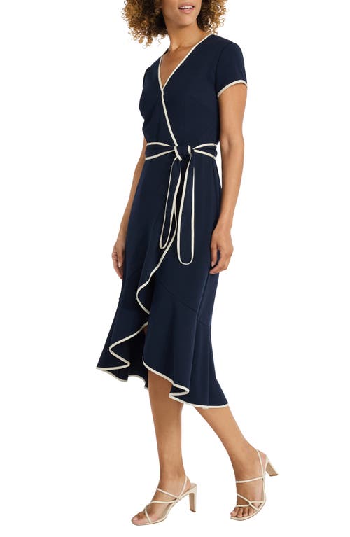 Shop Maggy London Short Sleeve Faux Wrap Dress In Twilight Navy