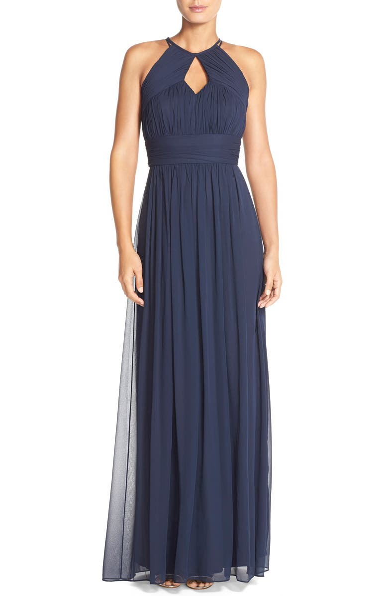 Dessy Collection Ruched Chiffon Keyhole Halter Gown | Nordstrom