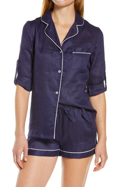 Click to view more detailed imagery on our partner's website Homebodii Long Sleeve Linen Short Pajamas In Navy