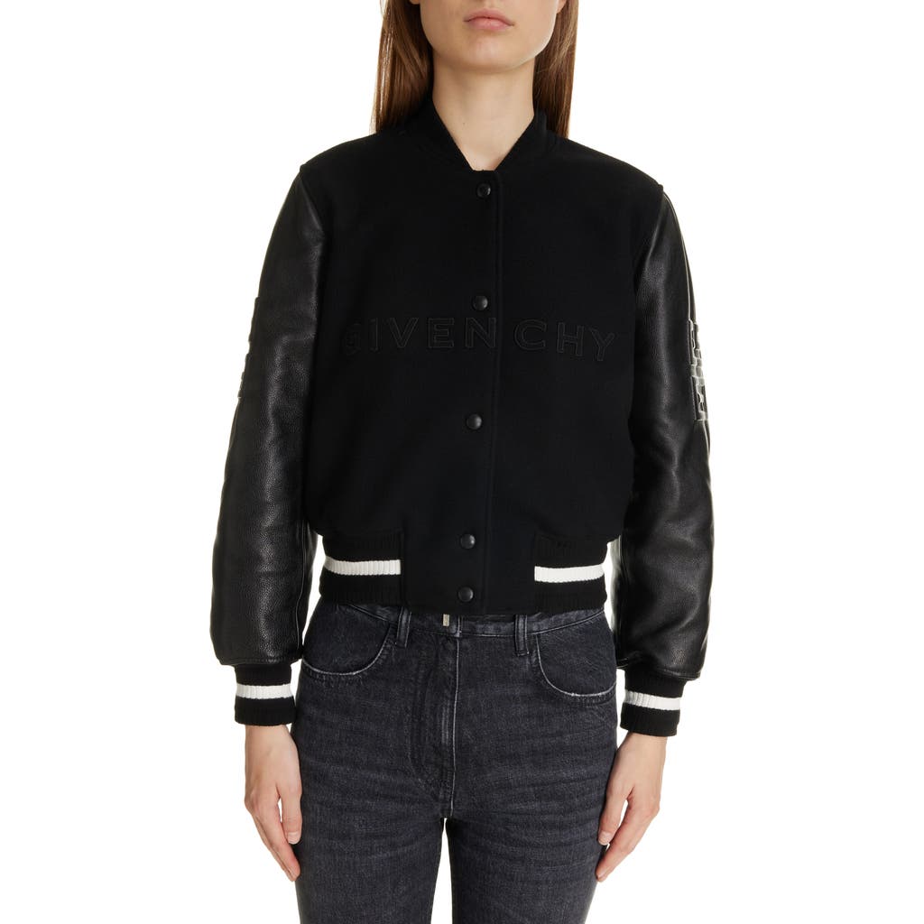 Givenchy Regular Fit Leather & Wool Blend Crop Varsity Jacket In Black/white