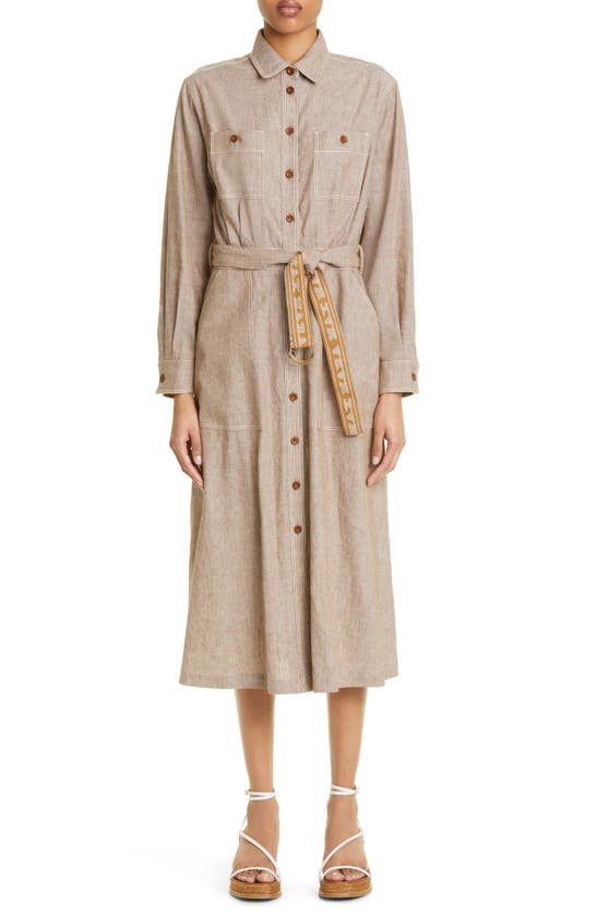 Max Mara Bartolo Belted Long Sleeve Linen & Cotton Shirtdress In Bronze