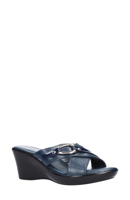 TUSCANY by Easy Street Deusilla Wedge Slide Sandal in Navy Patent Faux Leather