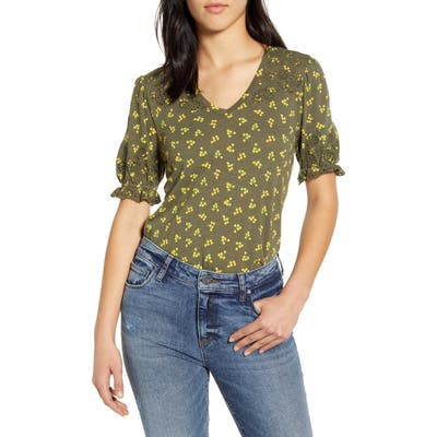Lucky Brand Floral Embroidered Short Sleeve Cotton Top, Green