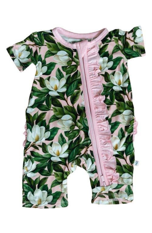 Laree + Co Magnolia Print Ruffle Zip Romper in Green 