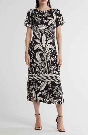 Maggy London Flutter Sleeve Midi Dress In Black/light Beige