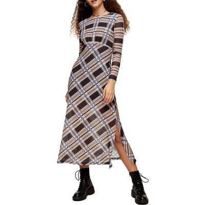 Topshop Check Print Long Sleeve Midi Dress, US (fits like 0-2) - Grey