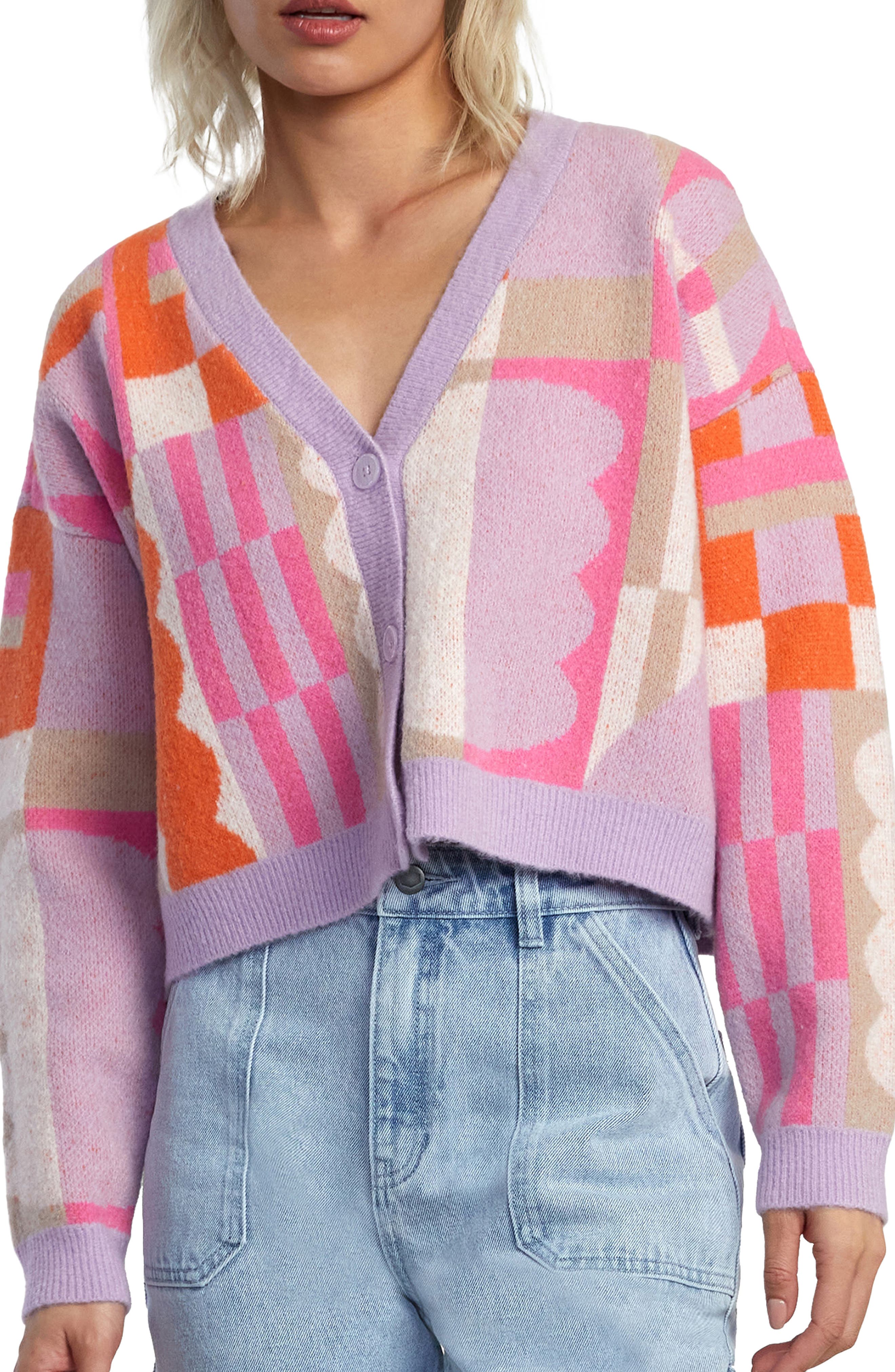 pink and purple cardigan