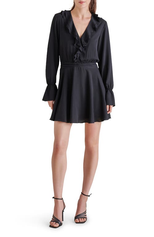 Steve Madden Farron Ruffle Neck Long Sleeve Georgette Minidress in Black at Nordstrom, Size X-Small