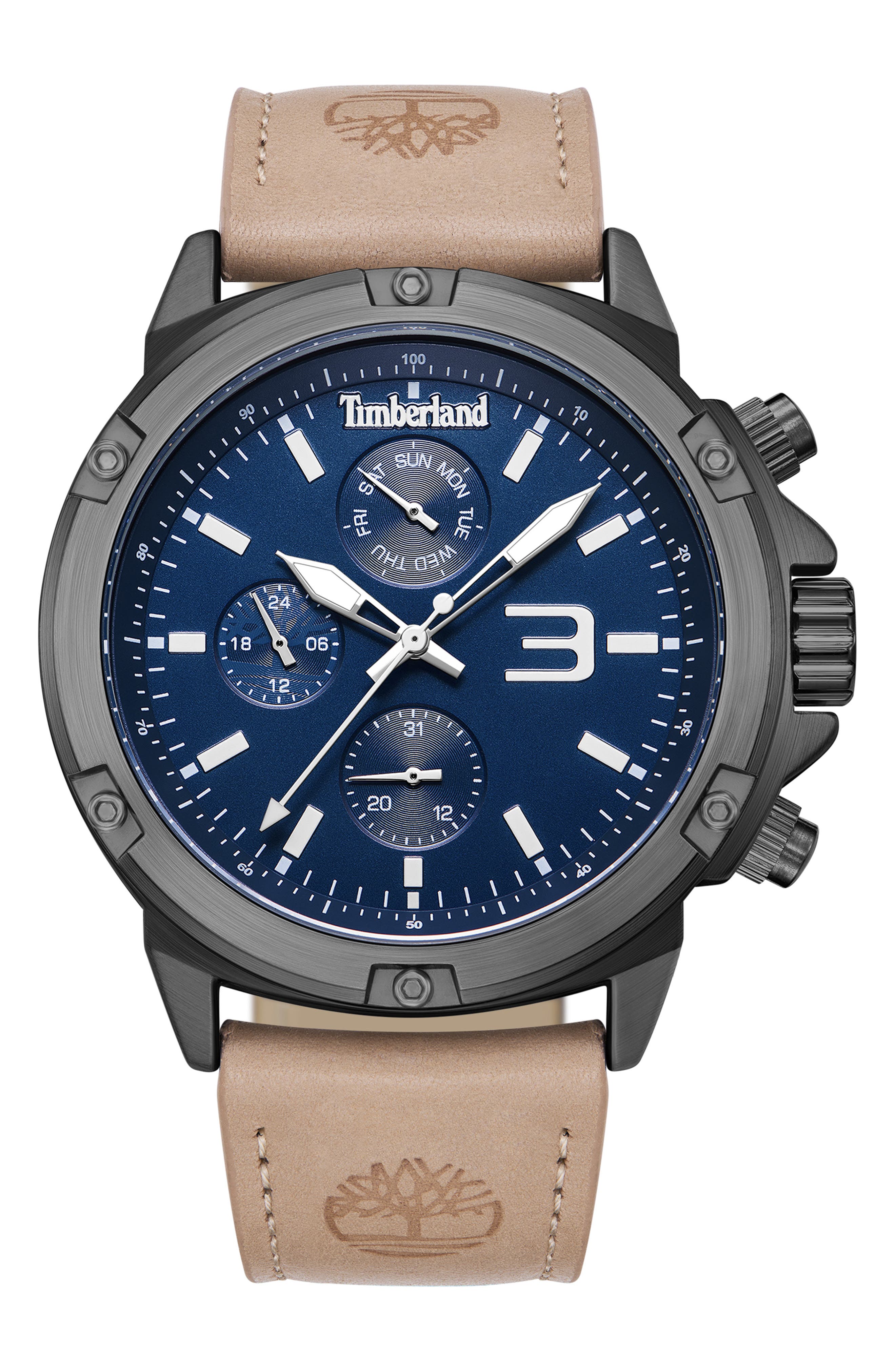 Timberland Multifunction Leather Strap Watch, 46mm Nordstromrack