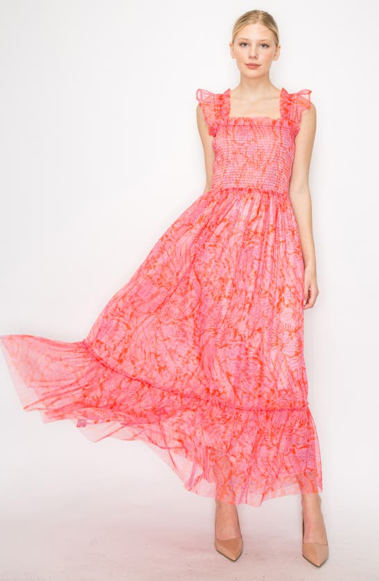 Melloday Ruffle Smocked Sleeveless Midi Dress In Coral Multi