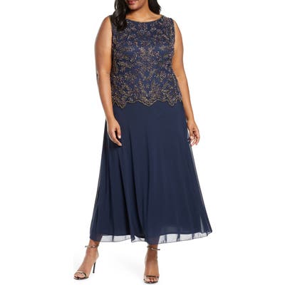 Plus Size Pisarro Nights Beaded Mock Two-Piece Gown, Blue