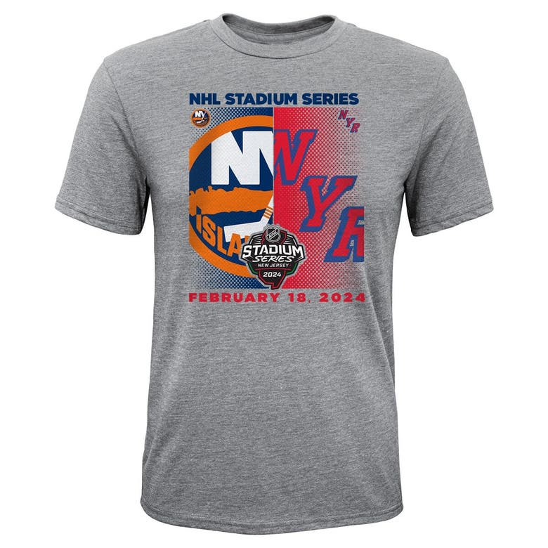 Shop Outerstuff Youth Heather Gray New York Islanders Vs. New York Rangers 2024 Nhl Stadium Series Matchup T-shirt