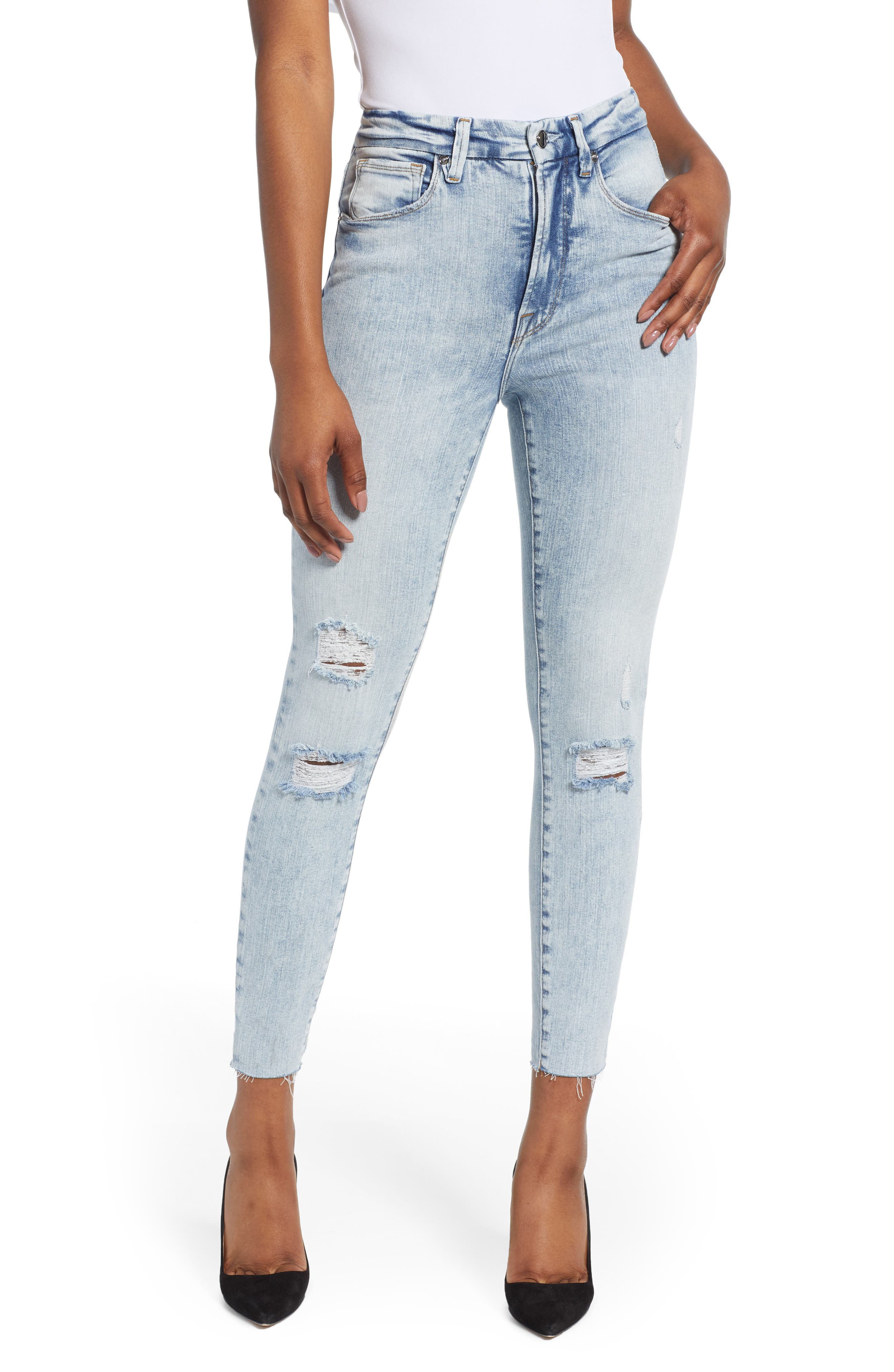 Good American Good Waist Ripped Crop Skinny Jeans (Blue 303) (Regular