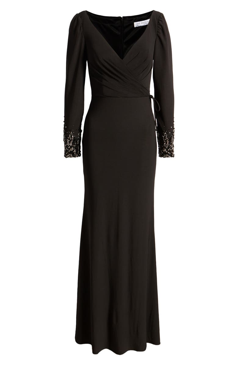 Mac Duggal Beaded Cuff Long Sleeve Wrap Front Gown | Nordstrom