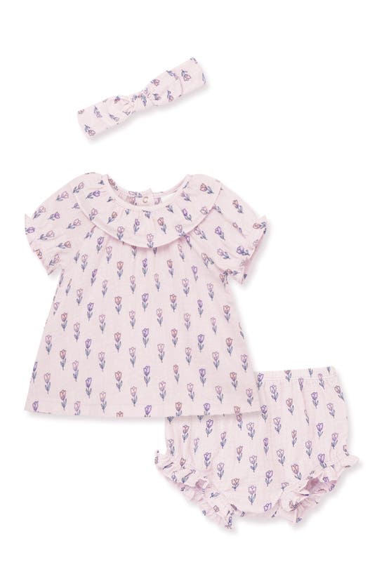 Little Me Babies' Tulips Head Wrap, Top & Bubble Shorts Set In Lavender