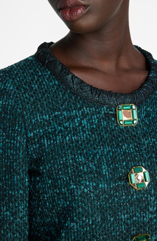 St John Metallic-trim Jewel-button Italian Slub Tweed Jacket In Dark Teal/black Multi