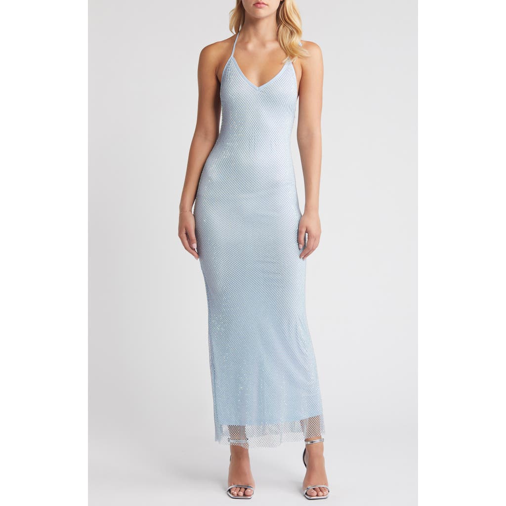 Rare London Diamante Mesh Halter Neck Gown In Light Blue